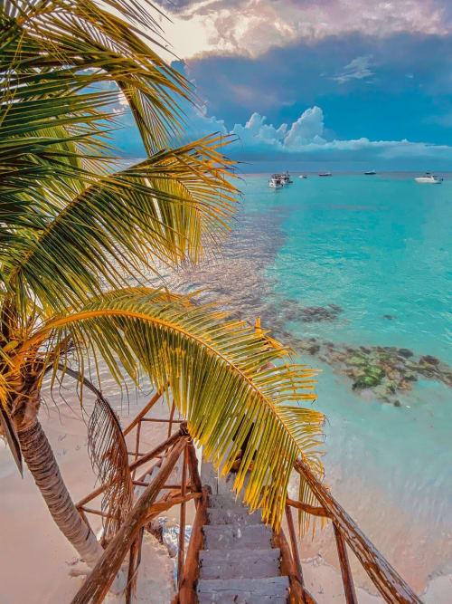 Palm fronds frame turquoise Caribbean waters and boats at Isla Mujeres beachfront, Malkita Sol oceanview paradise