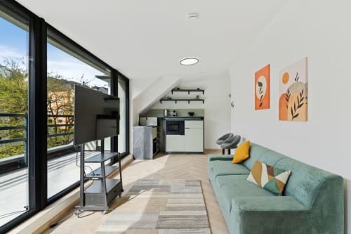 Modern Metz studio with green sofa, kitchenette, TV, and city views from black-framed balcony doors.