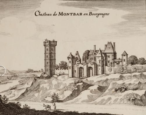 Historic engraving of Château de Montbar in Burgundy, depicting medieval fortified estate near Pourrain, France