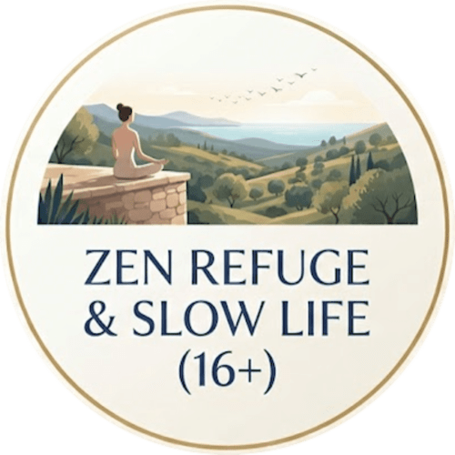 Logo Zen Refuge & Slow Life : femme en méditation sur une terrasse en pierre surplombant les collines toscanes, Le Bar-sur-Loup