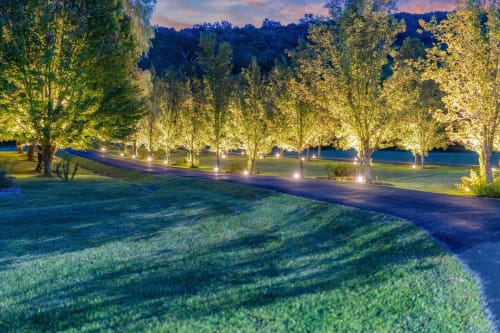 Illuminated tree-lined pathway at dusk with manicured lawn and distant mountains at Malkita Homes villa in Woodbury