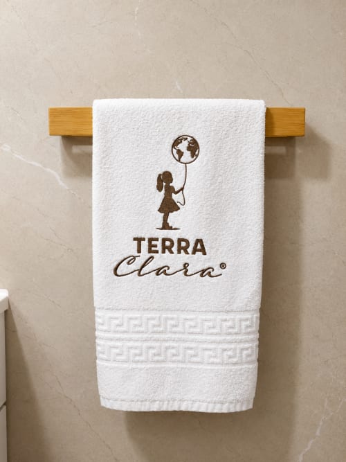 Toalha branca da marca Terra Clara com menina segurando globo, pendurada em rack de madeira nos Terra Clara Studios em Esposende