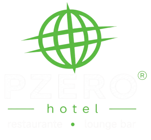 Logótipo do Hotel PZero com design de globo verde, branding hoteleiro em Albufeira, Portugal