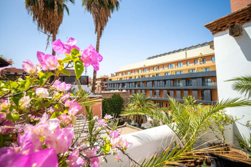 Des bougainvillées roses éclatantes encadrent la cour moderne de la Villa El Gada avec palmiers et architecture en terre cuite