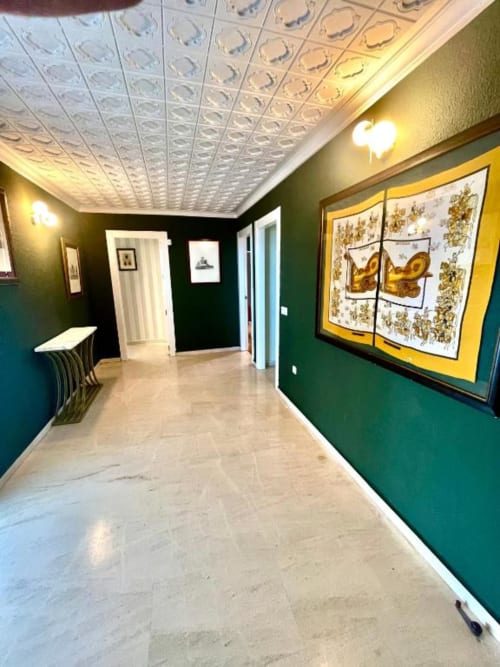 Entrada moderna del pasillo de Villa Magos B&B en Málaga con paredes verdes, techo decorativo, puertas blancas y cuadros enmarcados