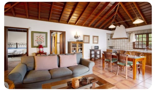 Salón abierto en villa Casa rural Los Llanos Negros, Fuencaliente La Palma, con sofá gris y techo de vigas de madera