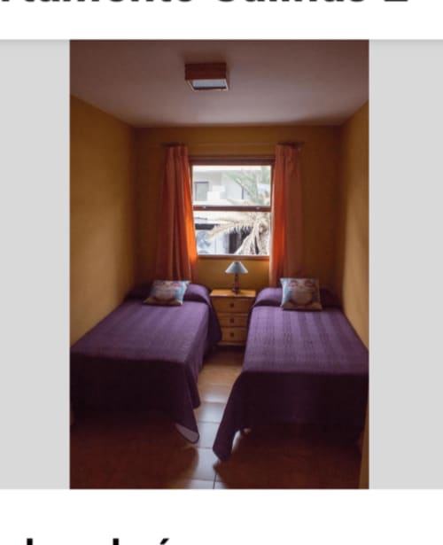 Habitación doble con ropa de cama púrpura en La Palma entre viñas y Teneguía, Los Cancajos. Ventana con vistas al jardín y tonos cálidos amarillos