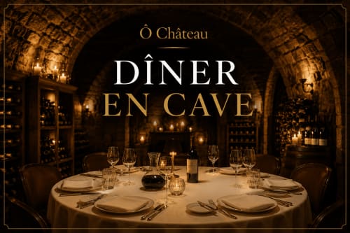 Elegant fine dining cave at Ô Château, Hayange - candlelit stone vault with round table, wine bottles, and formal place