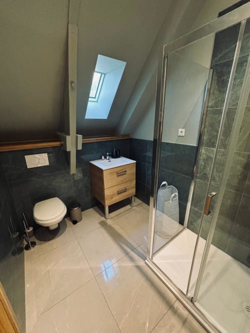Salle de bain moderne du cottage Grand Studio au Manoir de Daubeuf avec puits de lumière, carrelage foncé, meuble vasque en bois et cabine de douche
