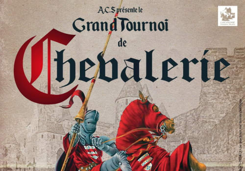 Chevalier médiéval à cheval avec lance pour l'affiche du Grand Tournoi de Chevalerie à Carcassonne