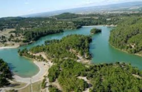 Vue aérienne des lacs turquoise entourés de forêts de pins près de Carcassonne, France