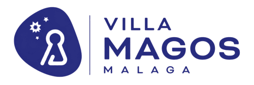 Logo de Villa Magos Málaga con diseño de cerradura y estrellas sobre fondo azul oscuro