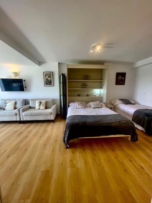Estudio moderno en Villa Magos Málaga con cama doble, sofá, estanterías y suelo de madera