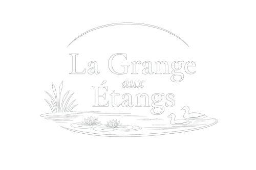 Logo La Grange Aux Etangs : étang avec nénuphars, roseaux et canards à Sennely
