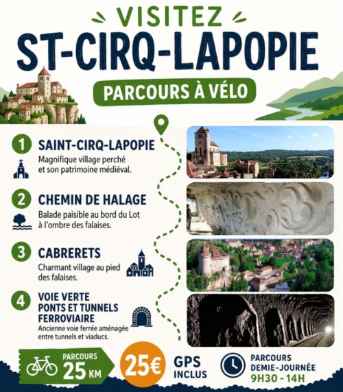 Saint-Cirq-Lapopie bike tour map: 25km route with medieval village, Lot riverside, Cabrerets, and historic tunnels.