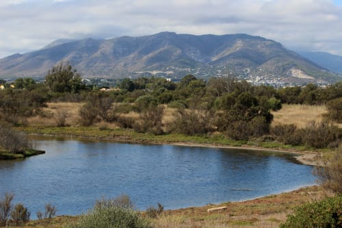 Paisaje de valle fluvial con montañas cerca de Villa Magos, casa rural en Málaga, España