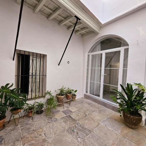 Patio luminoso con plantas en macetas, arco arquitectónico y puerta de hierro forjado negro en Casa De La Cruz Vejer