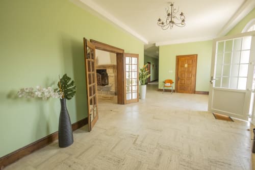 Spacieux salon de villa à l'Accolade Châteaudun avec murs verts, portes en bois et décoration élégante