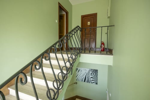 Escalier avec rampe métallique ornementale à la Villa Chateaudine de l'hôtel Accolade à Châteaudun, murs verts et portes en bois.