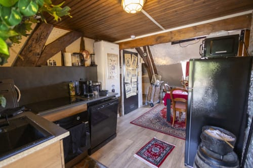 Cuisine de loft rustique à l'hôtel Accolade avec poutres bois, électroménagers noirs et tapis rouges à Châteaudun