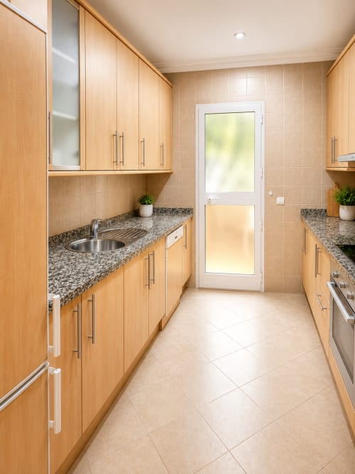 Cocina moderna estilo galera en BH Marbella con muebles de roble, encimeras de granito y acceso al jardín