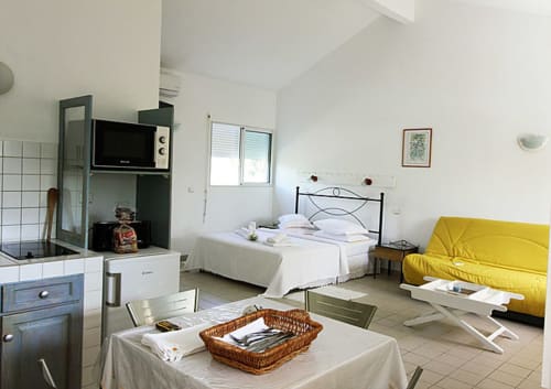 Grand bungalow Balaga Vacances à Sainte-Anne : kitchenette, lit, canapé jaune, TV, vue piscine