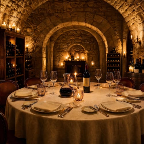 Elegant wine cellar dining room at Ô Château in Hayange with stone arches, candlelit table, and wine bottles.