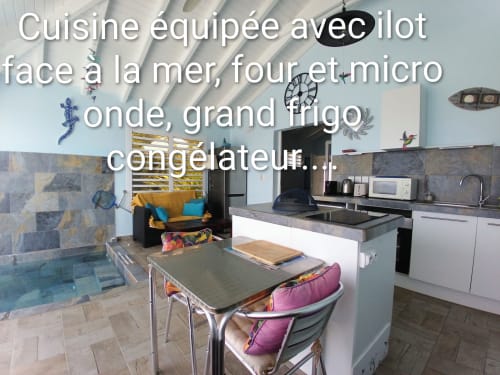Cuisine moderne avec vue sur mer au Loft Mer d'Aux Colibris Amoureux, Grand Bourg, équipée d'un four et d'un micro-ondes