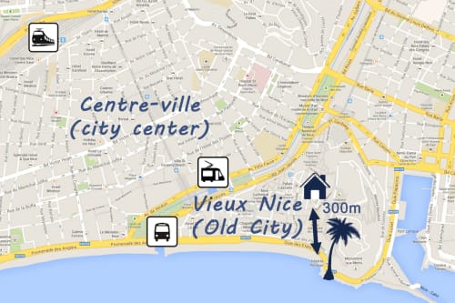Map of Nice, France showing Enjoy Nice apartment location in Vieux Nice, 300m from Old City center