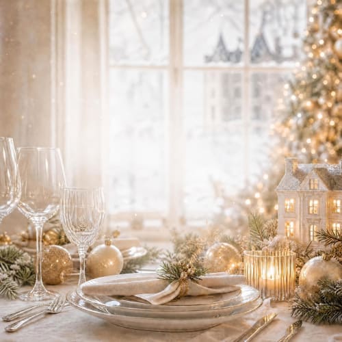 Elegant Christmas table setting at Ô Château hotel in Hayange with gold decorations, fine dining place settings, and snowy