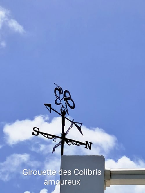 Girouette au design de colibri à Aux Colibris Amoureux, Grand Bourg, sur ciel bleu avec nuages