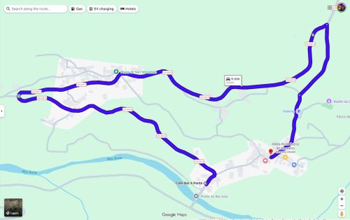 Google Maps route view showing Aldea Rural Pazos De Arenteiro hotel location in Pazos de Arenteiro, Spain with driving