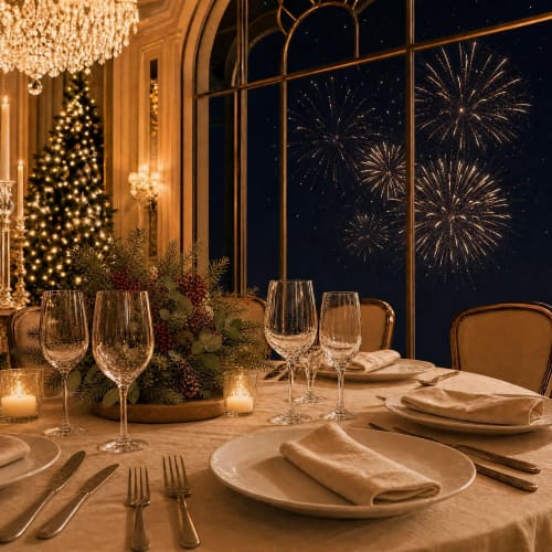 Elegant dining table at Ô Château hotel with fireworks view, Christmas tree, and gold décor