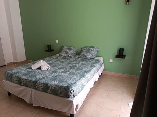Chambre double accessible au Clos du Thoronet avec murs verts, literie à motifs et équipements modernes