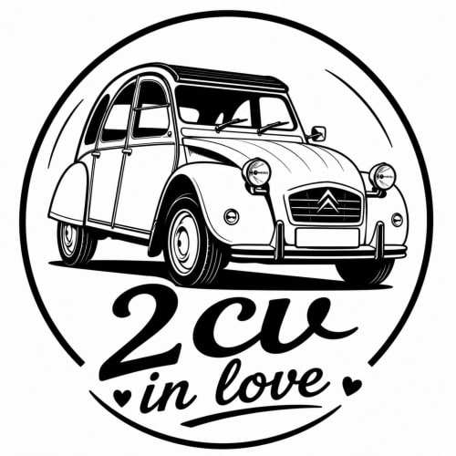 Ilustración vintage del Citroën 2CV con texto 'enamorado' para la posada El Castillo de Celia B&B, Teruel