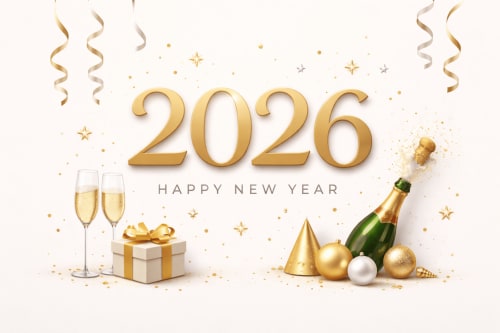 2026 Happy New Year celebration design with champagne, gift, and gold decorations for Agriturismo La Frattina in Siena
