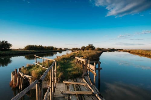 Passerella in legno con vista su canali tranquilli e zone umide presso Casa Mia B&B a Porto Viro, Italia