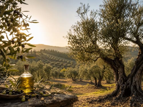 L'ora d'oro a Il Poggio di Musignano: bottiglia di olio d'oliva e olive fresche che dominano i frutteti ondulati di Canino