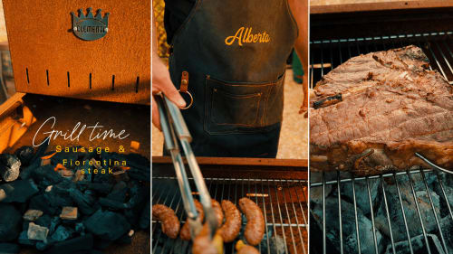 Grilling sausage and steak at Agriturismo La Frattina in Siena, Tuscany - outdoor dining experience