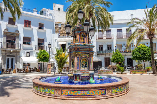 Plaza central colorida con fuente en Casa De La Cruz Vejer, rodeada de arquitectura andaluza blanca y palmeras