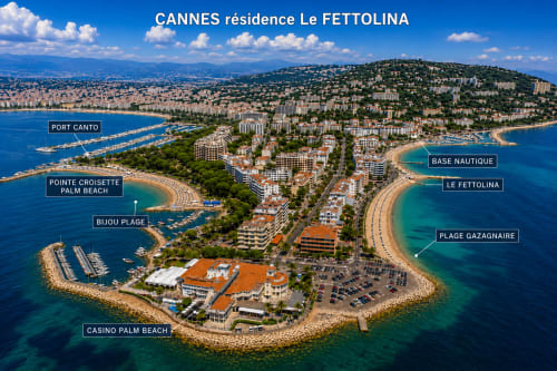 Vue aérienne de la résidence Cannes Le Fettolina avec plages, marina et littoral méditerranéen