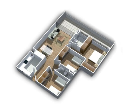 Plano 3D del apartamento-hotel DakarByDays en Dakar mostrando la distribución de la sala de estar, cocina, dormitorios y baños