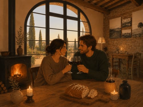 Couple toasting wine by fireplace at Agriturismo La Frattina in Siena, Tuscany