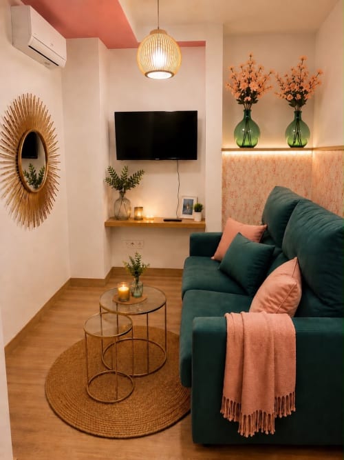 Habitación moderna del hotel Principe David Toledo con sofá verde oscuro, acentos coral, iluminación colgante y espejo decorativo