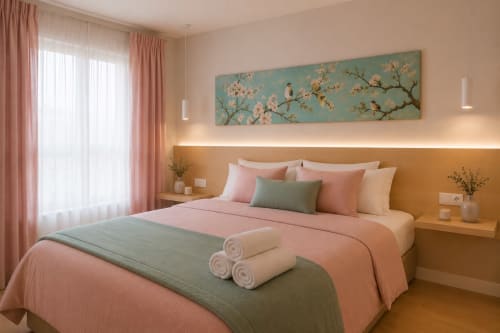 Modern bedroom in Principe David apartment, Toledo. Pink and beige bedding with green accents, warm lighting, and city views.