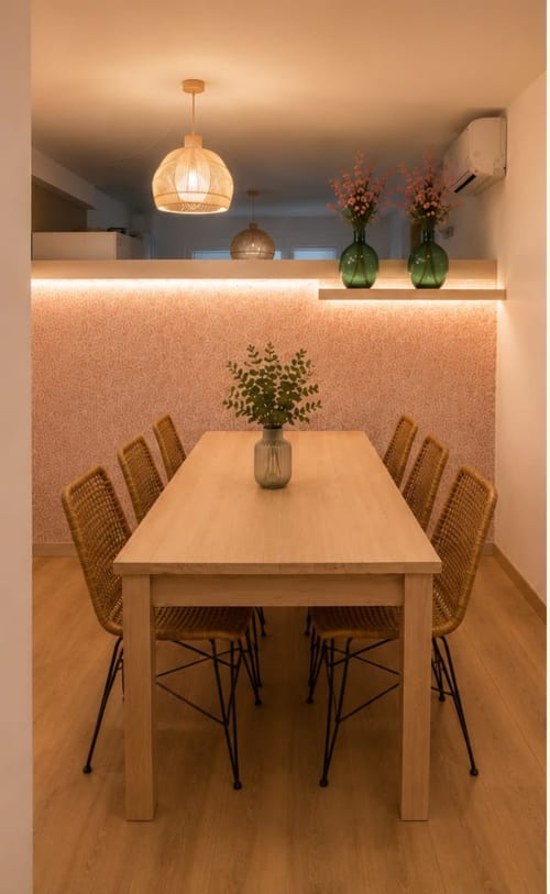 Modern dining room in Principe David II apartment, Toledo, with wooden table, woven chairs, and ambient lighting