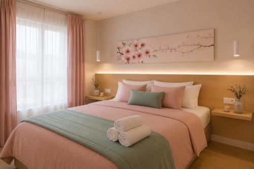 Modern bedroom at Principe David II in Toledo with pink bedding, green accent pillow, wooden headboard with ambient lighting,
