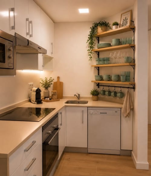 Modern compact kitchen with white cabinetry, stainless steel appliances, wooden open shelving with green dishware and plants