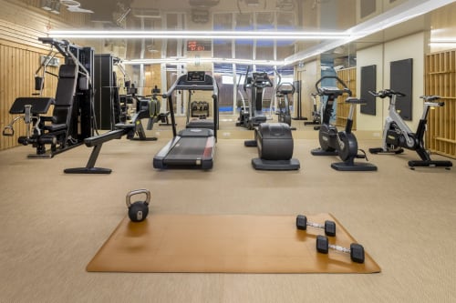 Centre de fitness moderne à l'Hôtel Residence Europe & Spa à Clichy avec appareils cardio, poids et équipements d'exercice