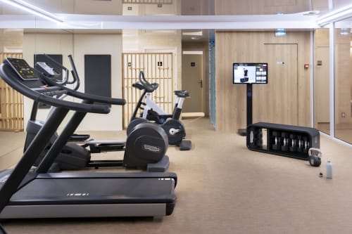 Centre de fitness moderne avec équipements cardio à l'Hôtel Résidence Europe & Spa à Clichy